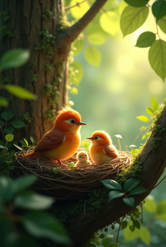 Bird Family in the Nest:** A small bird family, consisting of a mother, father, and their young chick, is shown in a nest high up in a tree. The dense, green forest surrounds them. The young chick is peering out of the nest, looking scared and hesitant to fly