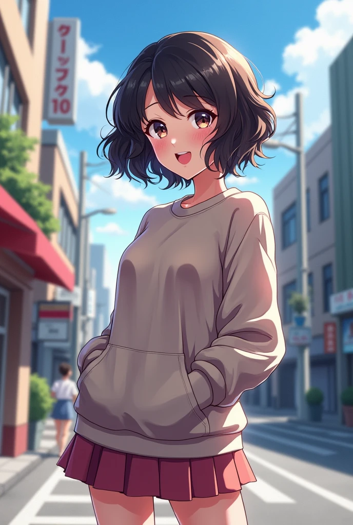 (best qualityer:0.8) perfect anime illustration, a handsome, happy woman with short black hair, curly on the city streets, wearing a sweatshirt, overskirt