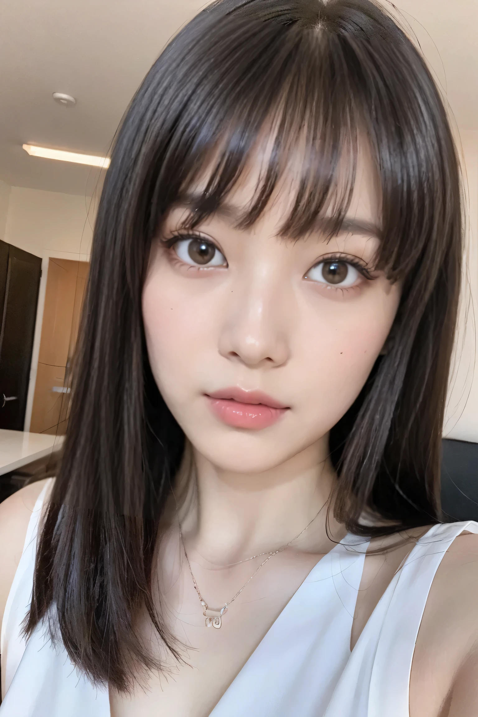 ８ｋ、High resolution、Maid Fashion、beautiful girl、bangs、young、White skin,、Narrow eyes,High nose,Face lighting、Clear images、Intellectual beauty、skinny、No makeup、Anxious expression、Face lighting,Shiny Hair、single eyelid,blue eyes