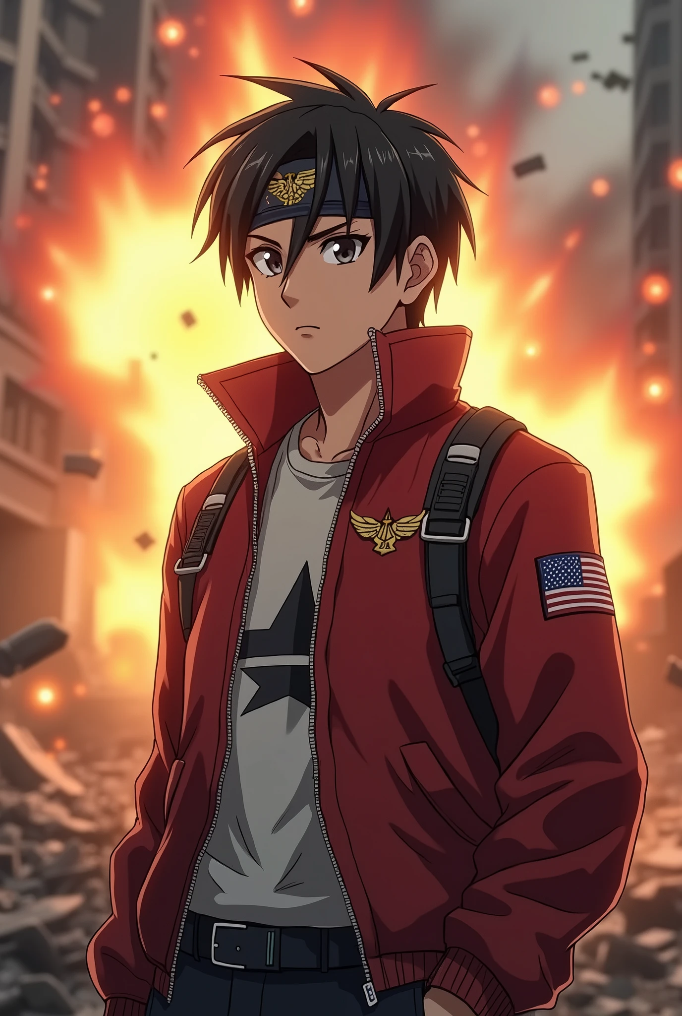a slightly athletic Thai-Canadian man as Mikasa Ackerman. He wore a red jacket emblazoned with the iconic Wings of Freedom badge.. Under the jacket, white shirt peeking out, and the harness is part of the 3D maneuvering equipment system. In the midst of the explosion of fire, debris, and building ruins. dynamic stand firm . neat short black hair. wearing a headband—a symbol of his unwavering loyalty. Wearing the Pra Regiment uniform