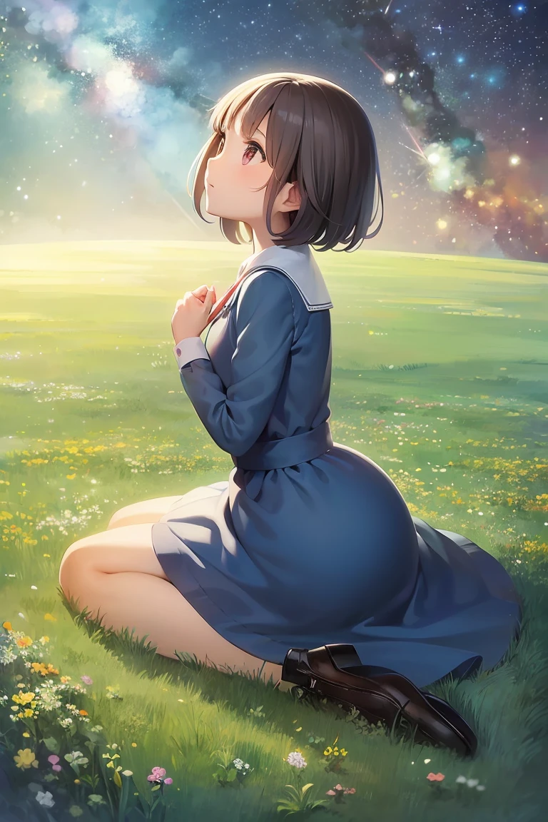 A girl on a meadow,Stars twinkling in the sky,Shining Star,milky way,I look up and see,masterpiece,Highest quality,最高masterpiece,Detailed anime art,Digital Art,