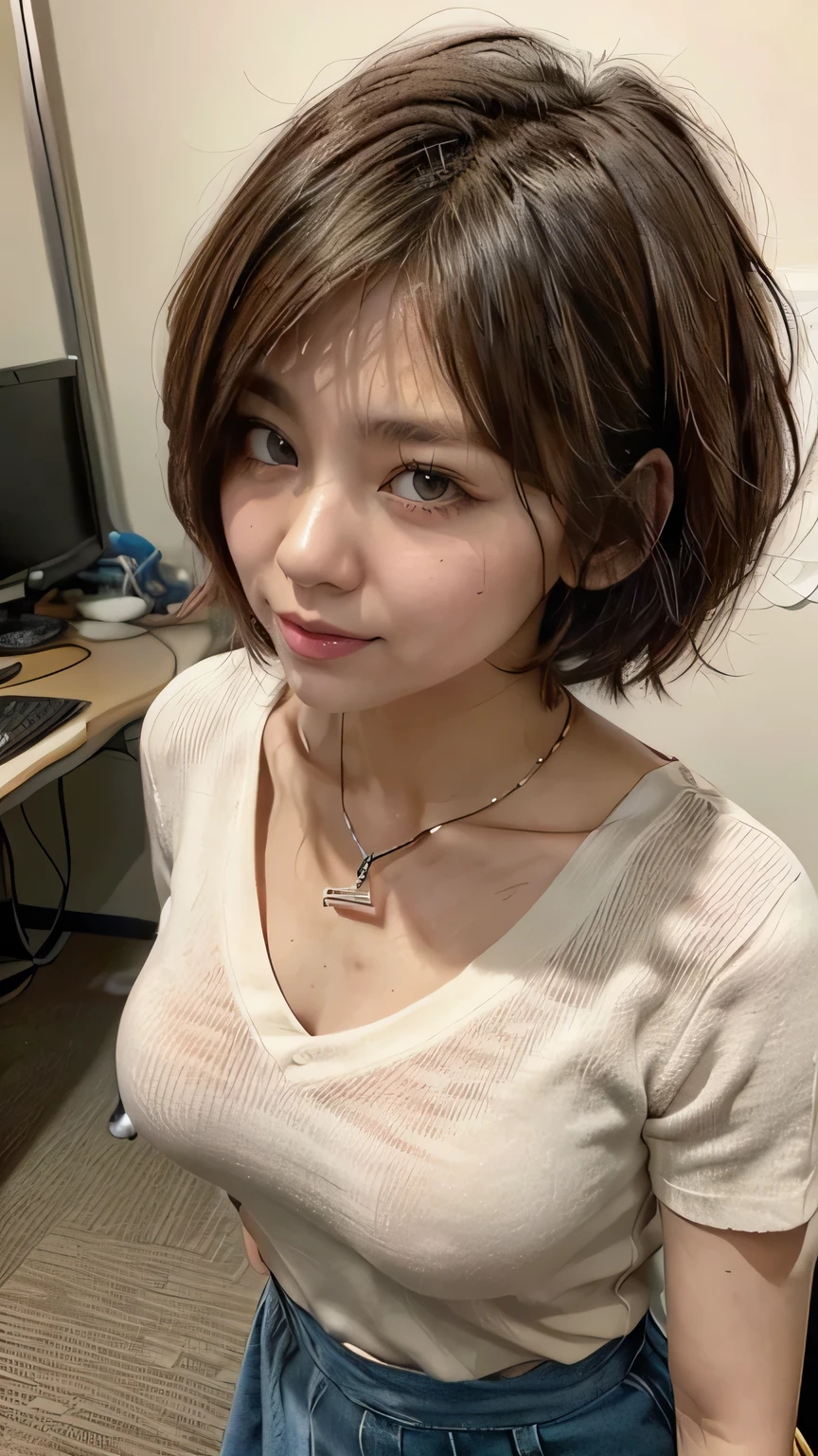 (A woman standing in an office leaning forward and peering into the room:1.3、work)、(Realistic、Like a photograph、Live Action、8k, Realistic, RAW Photos, Best image quality: 1.4), Single-lens reflex camera、RAW Photos, Highest quality, Realistic, Very detailed CG Unity 8k wallpaper, Written boundary depth, Cinematic Light, Lens flare, Ray Tracing, Realistic background、(V-neck short-sleeve knit:1.2、(Tight long skirt:1.5、Small breasts、Breast flash、A little bit of her bra is visible)、((Wear a name tag around your neck)))、((ultra high density skin))、 Japanese office lady at work、((whole body:1.5)),(目を細めてLolう、大きなLol顔、Lol)、(short hair、Shortcuts:1.3)、I like that style、stylish、Very detailed、Pay attention to the details、Perfect outfit、(Sunburned skin)、Beautiful feet:1.1,Anatomically correct body、Accurate Fingers、(View from above、View from the front)
