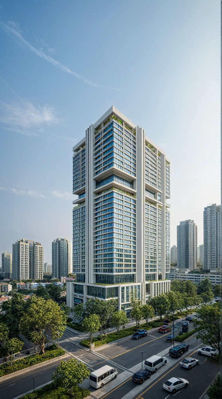 shangyejie, a residential towers, with a small podium at the ground floor and white color, in the Ho Chi Minh city in Viet Nam, designed in the style of modern architectural style. light yellow, random color, The towers have rectangular balconies on each side.side view,During the daytime, natural lighting, architectural photography, masterpiece, best quality, photorealism, ultra relistic, 