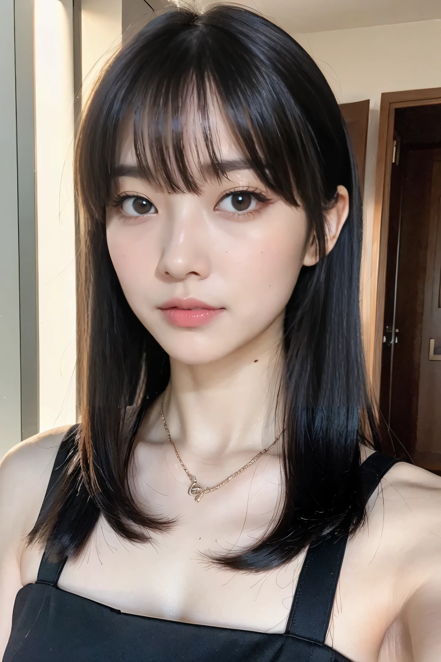 8k、High resolution、Maid Fashion、beautiful girl、bangs、young、White skin,、Narrow eyes,High nose,Face lighting、Clear images、Intellectual beauty、skinny、No makeup、Anxious expression、Face lighting,Shiny Hair、single eyelid,blue eyes