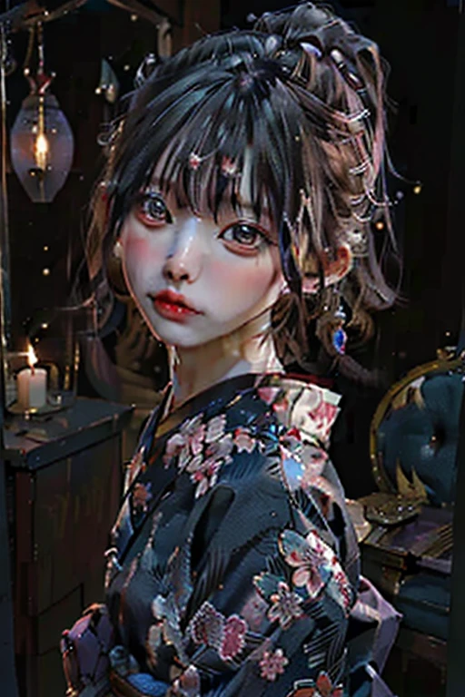 "A breathtaking, surreal portrait of a Japanese woman in traditional kimono, with intricate, delicate patterns of cherry blossoms and celestial motifs. The woman's hair is styled in a classic updo, adorned with elegant kanzashi hairpins. The background is a vivid, otherworldly scene filled with swirling galaxies, nebulas, and sparkling stars, blending seamlessly into the folds of her kimono. The color palette is a rich mix of deep blues, purples, and fiery oranges, creating a striking contrast. The overall atmosphere is ethereal, with a sense of timeless beauty and cosmic wonder."