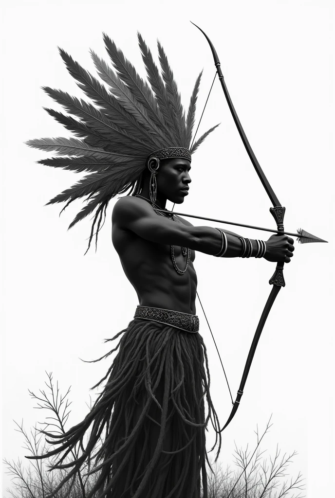 Orisha Oxossi in black and white shooting an arrow with feathers on his head 