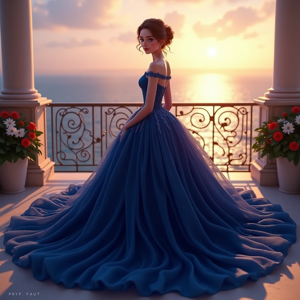 An enchanting girl with a divine figure, wearing a magnificent, midnight blue gown, standing on a grand balcony overlooking a vast, shimmering ocean at sunset, the gown hugs her body perfectly, with a fitted bodice that emphasizes her slender waist and curves into a voluminous, flowing skirt that trails elegantly behind her, the fabric is rich and textured, catching the last light of the day, her skin glows softly in the golden light, and her deep blue eyes reflect the vibrant colors of the setting sun, her hair is styled in a loose, romantic updo, with a few strands gently framing her face, the balcony is adorned with wrought-iron railings and potted flowers, adding to the atmosphere of timeless elegance and romance, 3D rendering, created with Unreal Engine using realistic lighting and texturing