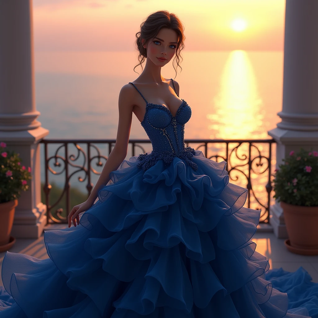 An enchanting girl with a divine figure, wearing a magnificent, midnight blue gown, standing on a grand balcony overlooking a vast, shimmering ocean at sunset, the gown hugs her body perfectly, with a fitted bodice that emphasizes her slender waist and curves into a voluminous, flowing skirt that trails elegantly behind her, the fabric is rich and textured, catching the last light of the day, her skin glows softly in the golden light, and her deep blue eyes reflect the vibrant colors of the setting sun, her hair is styled in a loose, romantic updo, with a few strands gently framing her face, the balcony is adorned with wrought-iron railings and potted flowers, adding to the atmosphere of timeless elegance and romance, 3D rendering, created with Unreal Engine using realistic lighting and texturing