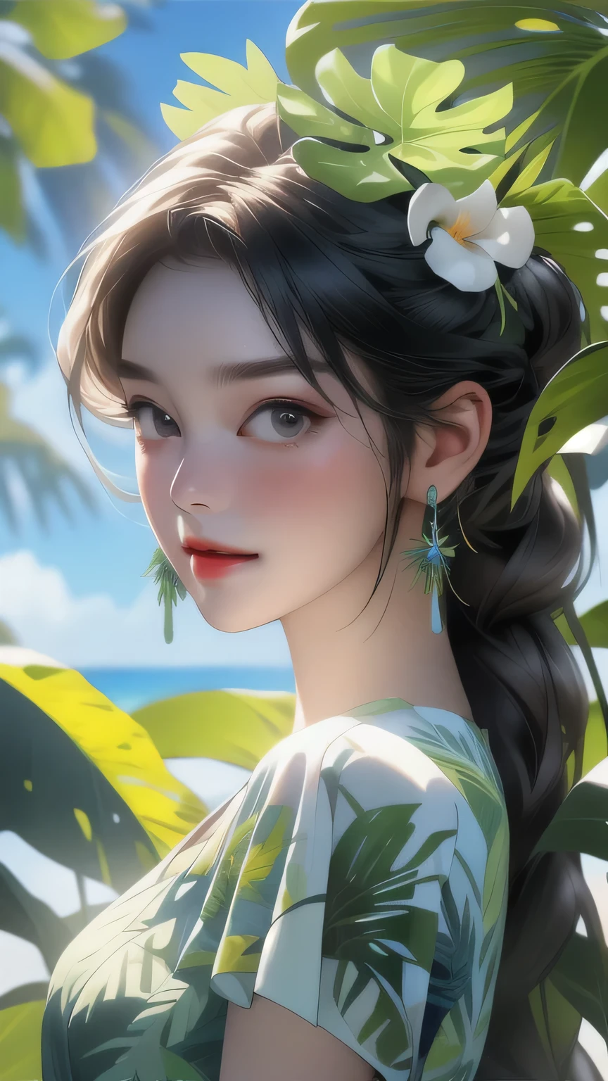 Ultra-realistic scenes, Parallel world, God-like tropical exotic plants, cult, Tropical flowers, Unusual art, Unique art, Summer blue sky background, sunlight, bright sunlight, Blender, Product Rendering, High quality 8K. 1girl, Cute 1 girl、White garter set、(Upper body portrait)