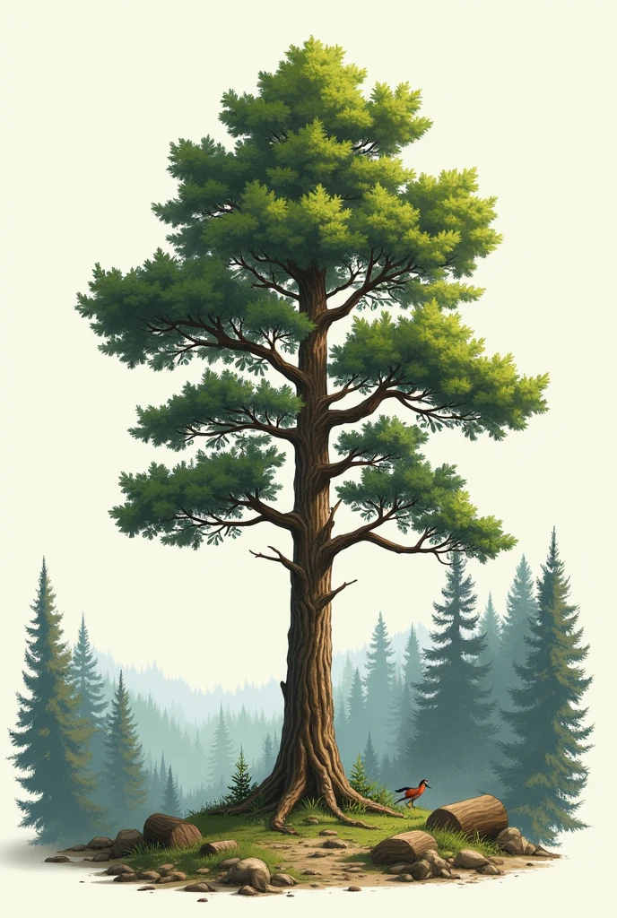 A detailed illustration of one tree with little to no background, emphasizing just that tree. and An expansive view of a forest with many trees, wildlife, and various elements interacting. basically partial and holistic perspectives