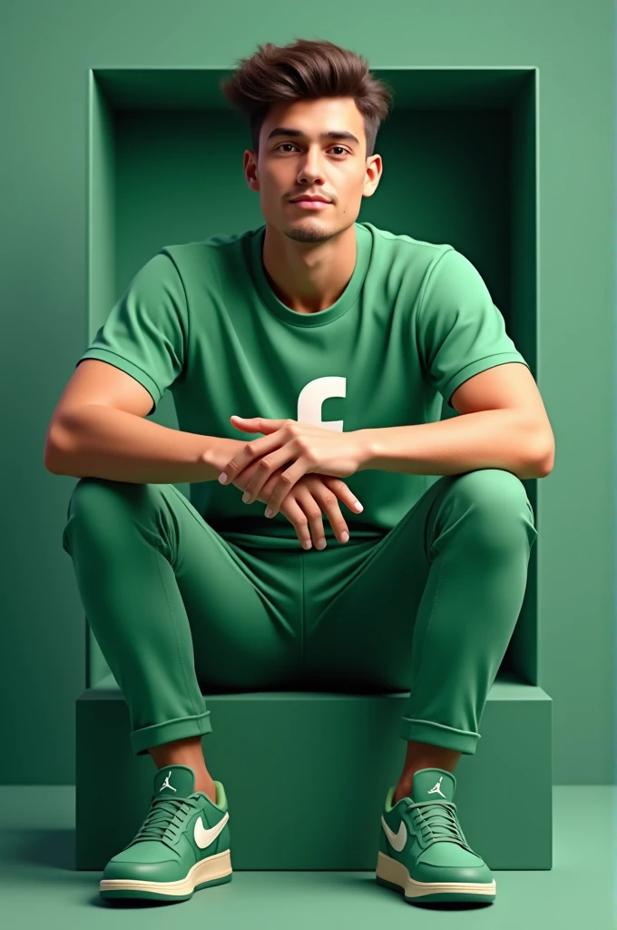 realistic photo,handsome man has. 20 years old wearing a green shirt with the Facebook logo saying Achyr official.wearing green pants green Jordan shoes. Background Facebook.sitting in a rectangular box with the Facebook logo. Background Facebook. 3d realistic