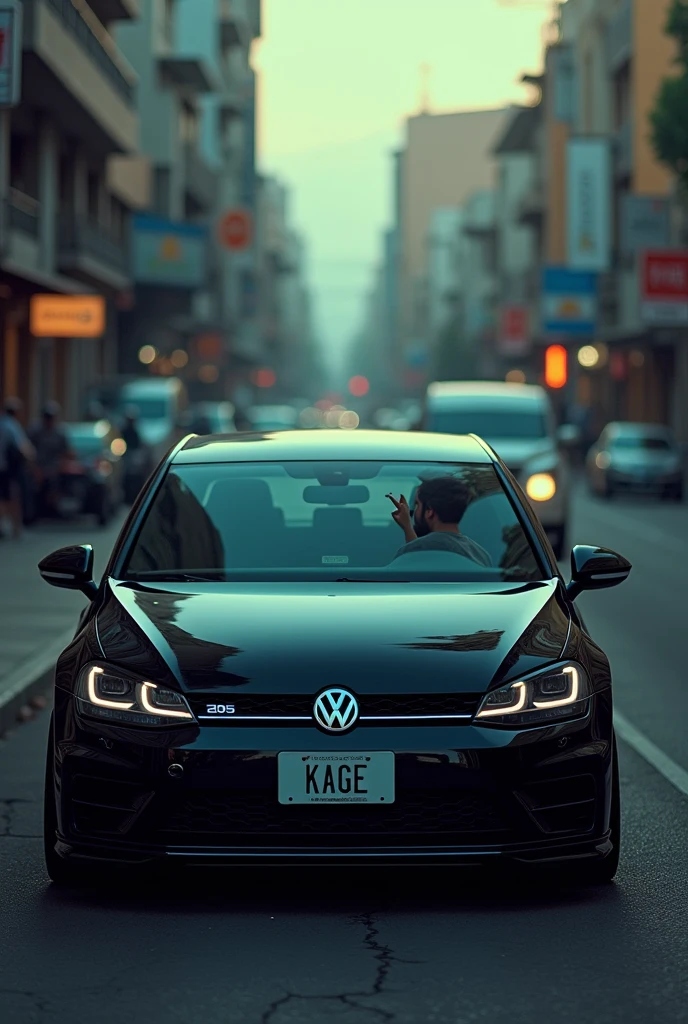 On the streets of Guaruja ,Sao Paulo in the streets , inside a square Golf sportline car, founding 1 cigarette ,with the sound loud, Golf sportline square recessed black color , with all the glass black ,on the car's license plate written : KAGE
