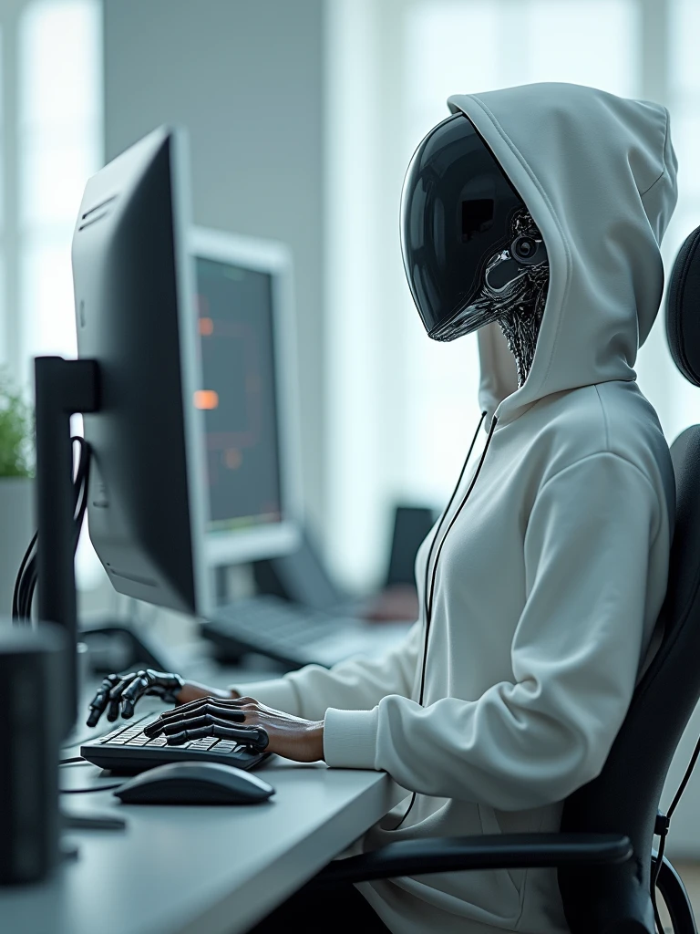 A robot with a person with a similar face in a white sweatshirt sits on a compulter armchair for computers in one hand mouse. On the head is a white hood, photo in profile. (Super quality), (cyberpunk), (photorealism)