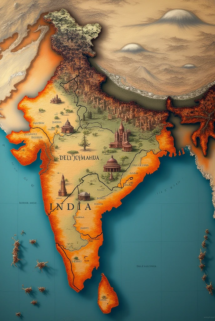 Image: A historical map of India showing the declining Delhi Sultanate and the encroaching power of Babur. Visuals of Delhi in a state of disarray with hints of rebellion and internal conflict.