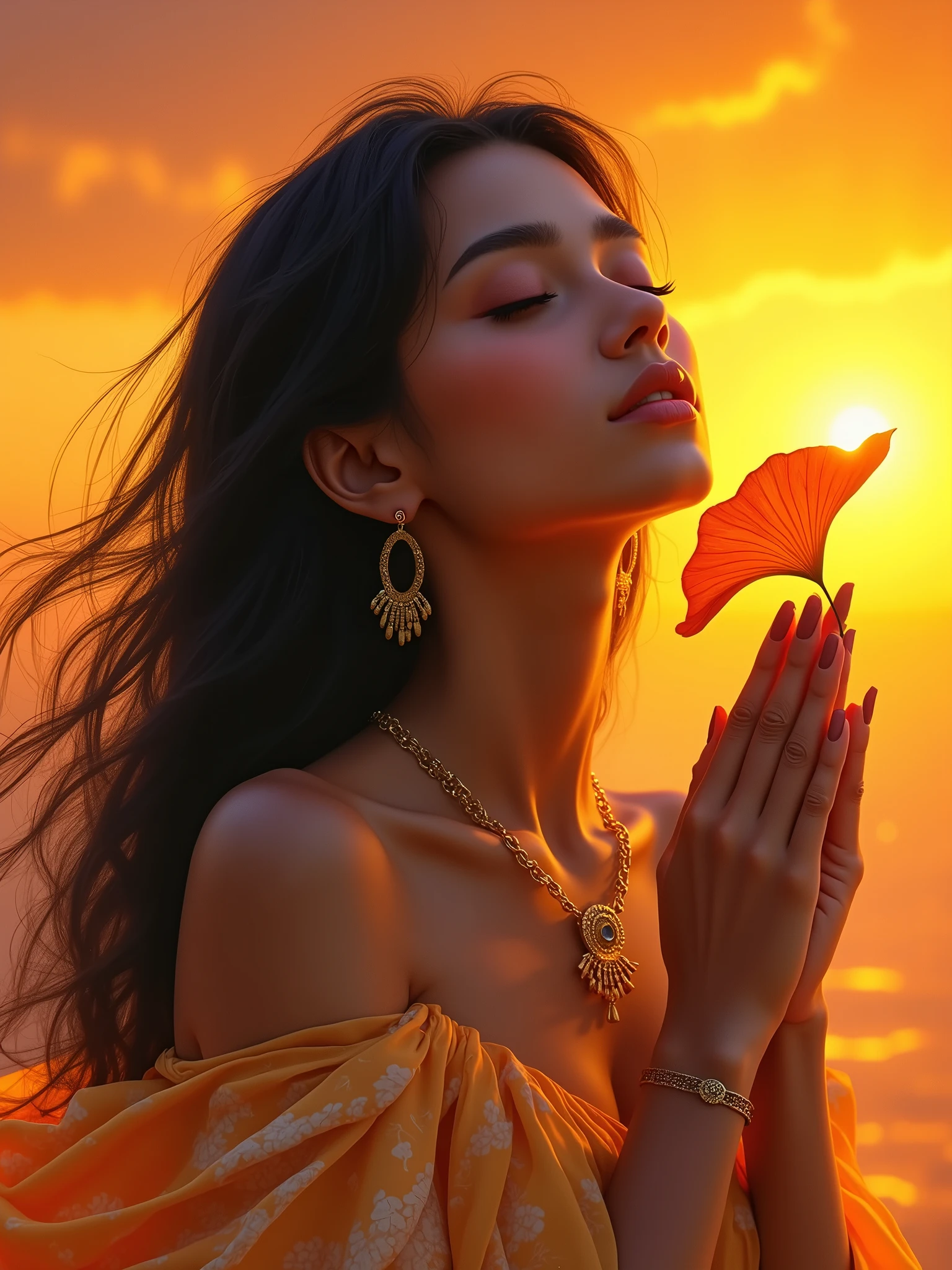 1girl, black hair, closed eyes, dark skin, earrings, ginkgo leaf, gradient, gradient background, jewelry, long hair, male focus, orange background, orange sky, orange theme, own hands clasped, own hands together, solo, sunset, upper body, yellow background, yellow sky, vibrant colors, fantasy