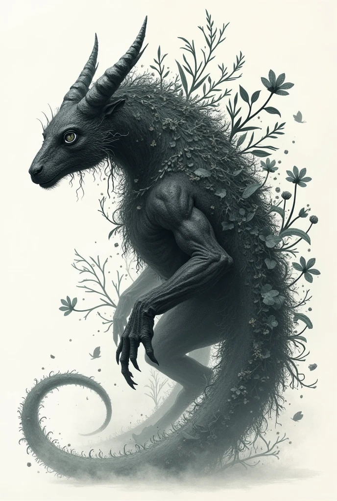 A drawing of a mythical beast made of black mist with various plants and vines on its form.