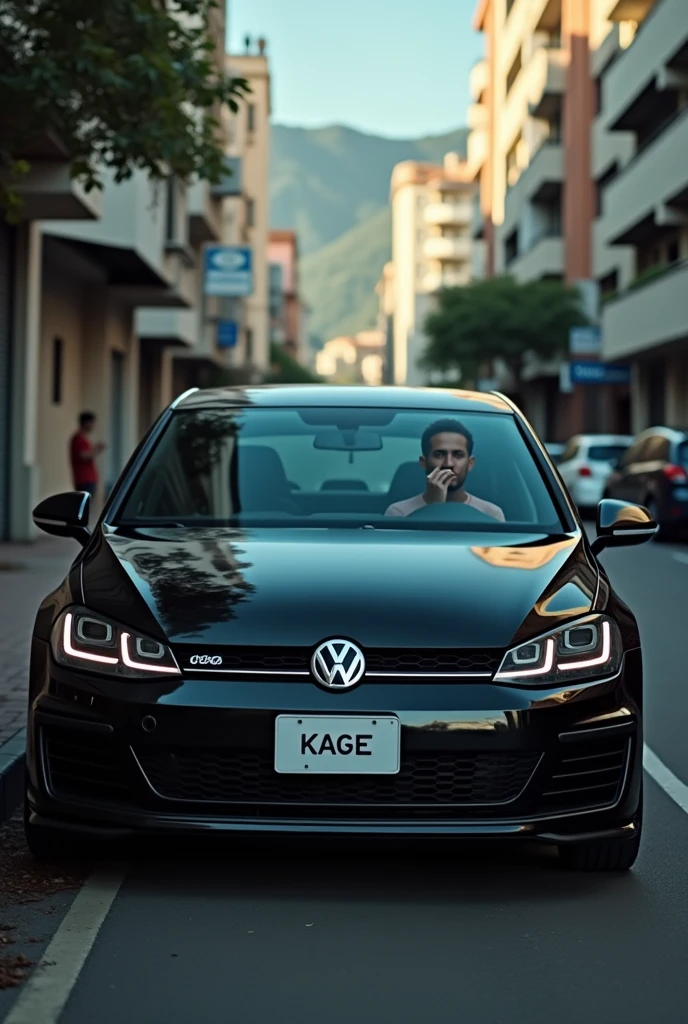 On the streets of Guaruja ,Sao Paulo in the streets , inside a square Golf sportline car, founding 1 cigarette ,with the sound loud, Golf sportline square recessed black color , with all the glass black ,on the car's license plate written : KAGE