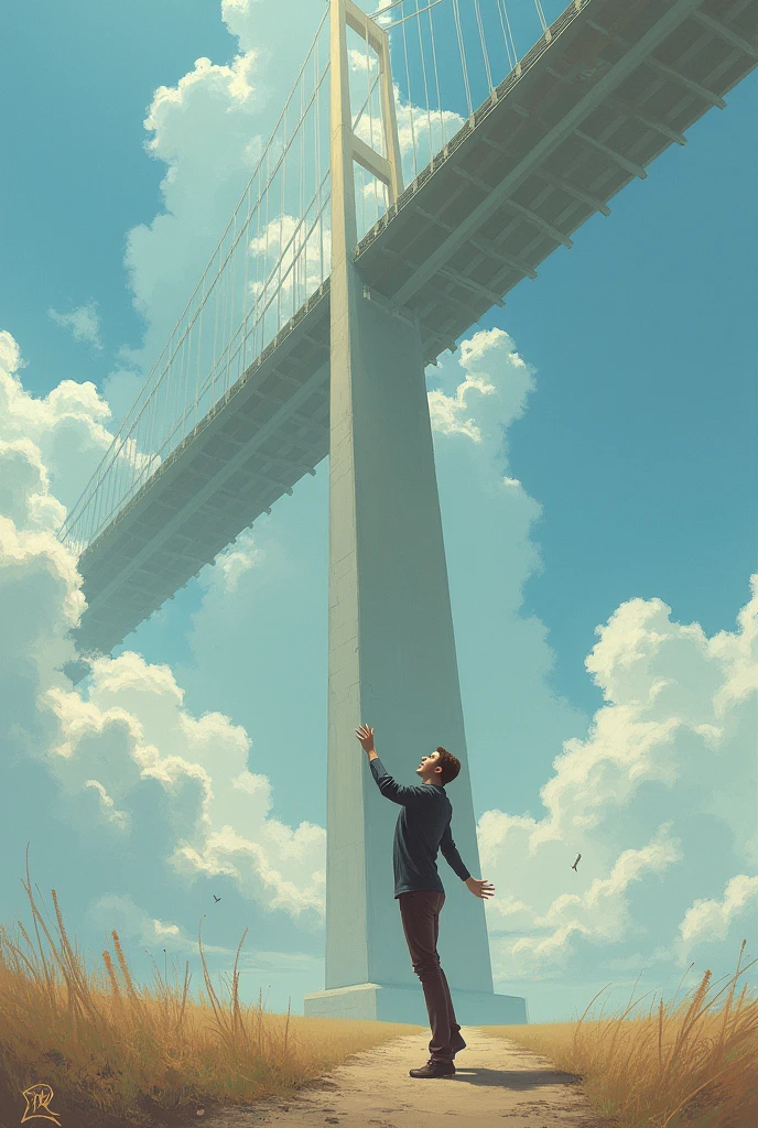 Reaching for the greater heights with a bridge as the human reaching for it the human is falling


