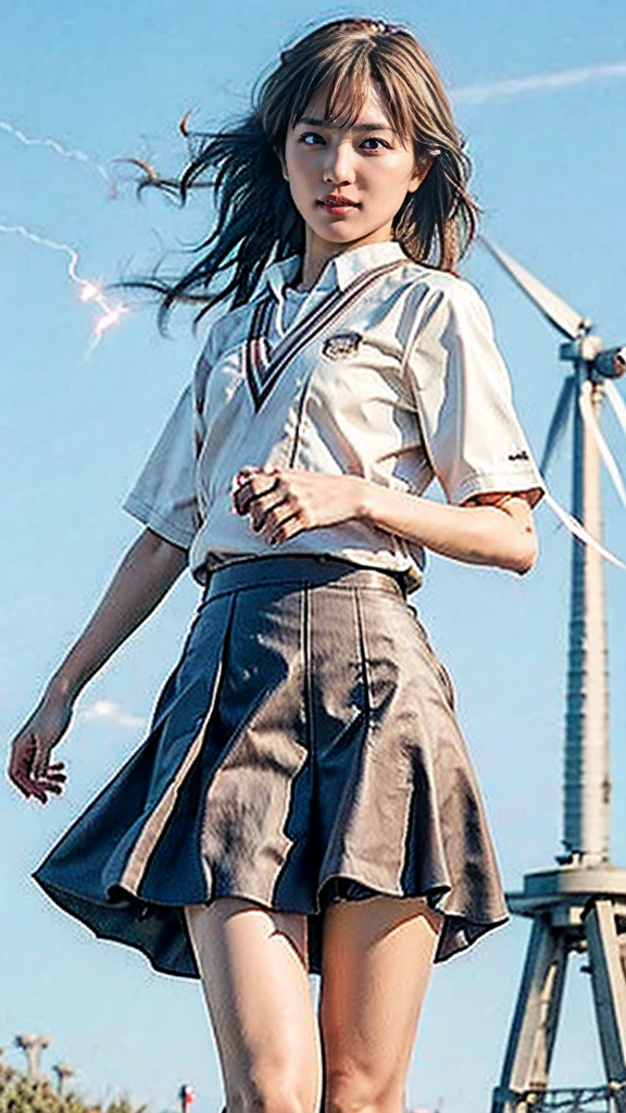 masterpiece, Highest quality, High resolution,8k， 1 hair clip, Tokiwadai School Uniform、Tokiwadai school emblem on the left chest、Short sleeve、 Realistic,Several wind turbines can be seen nearby..、blue sky、smile、Lightning shoots out from the body、emit electricity from the body、Light grey mini skirt