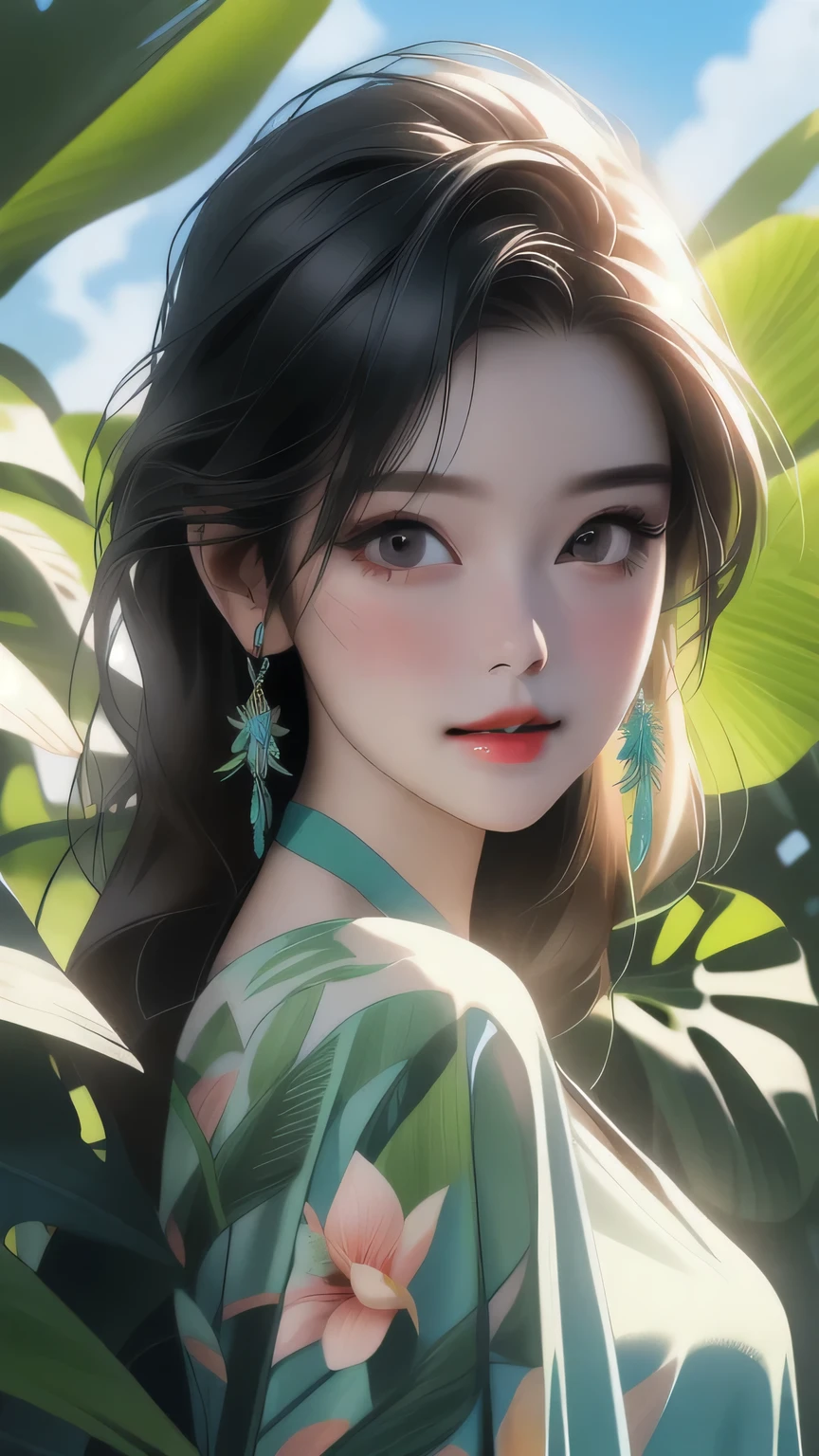 Ultra-realistic scenes, Parallel world, God-like tropical exotic plants, cult, Tropical flowers, Unusual art, Unique art, Summer blue sky background, sunlight, bright sunlight, Blender, Product Rendering, High quality 8K. 1girl, Cute 1 girl､White garter set､(Upper body portrait)