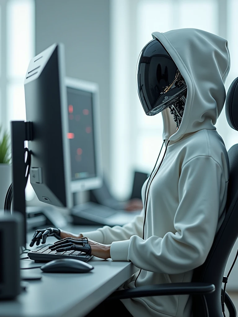 A robot with a person with a similar face in a white sweatshirt sits on a compulter armchair for computers in one hand mouse. On the head is a white hood, photo in profile. (Super quality), (cyberpunk), (photorealism)