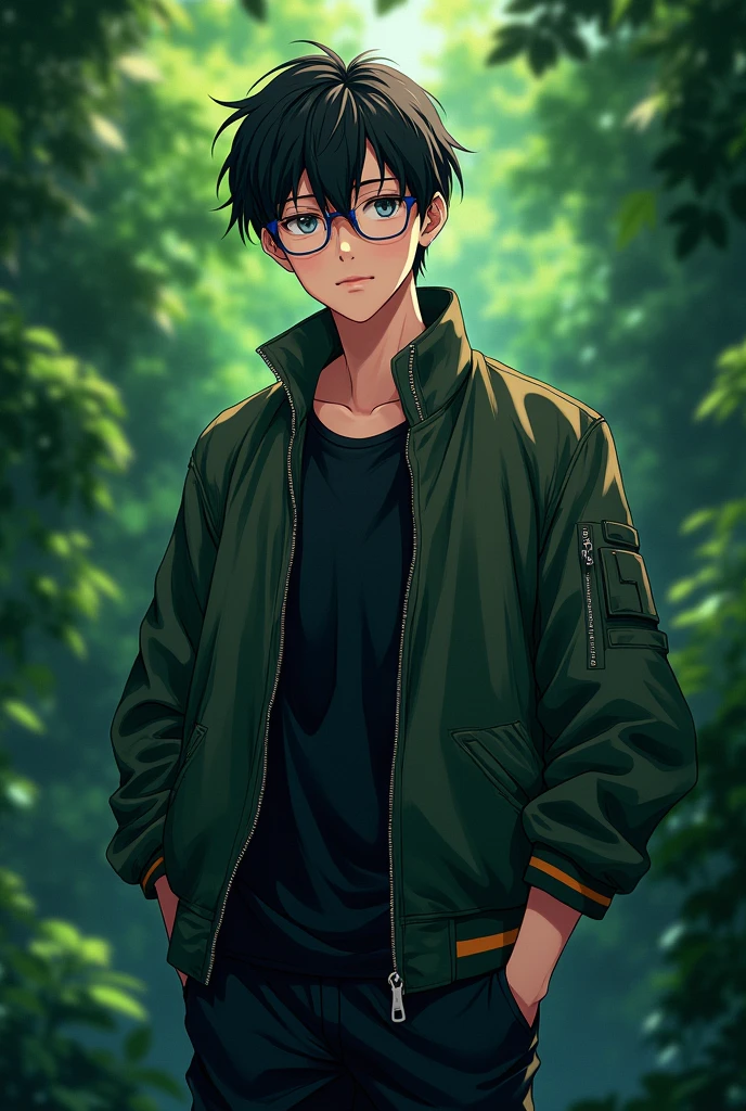 A most handsome teenager 18 years boy, wide shoulder wearing eye glasses and stylish jacket with medium hair
Background was full dark green
Standing state and he is a anime character