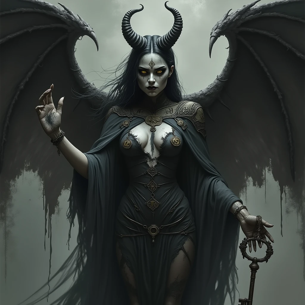 1. General Characteristics Central Figure: A female figure with a dominant and powerful presence, showing demonic characteristics.
facial expression: Expression of intensity, with a penetrating gaze that evokes the abyss and oblivion.
2. Body Details Skin: Dark or grayish color, with shades that suggest nothingness and emptiness. The skin may have a texture that appears to disintegrate in some places., symbolizing oblivion.
eyes: eyes profundos y vacíos, perhaps with pupils in the shape of the letters Ain (p) y MEM (from), representing emptiness and transformation.
horns: horns estilizados, which could form a kind of sigil in their shape or resemble the Teth letters (ninth) and Schin (that), symbolizing violence and chaos.
3. Clothing and Accessories Clothes: Dark and torn clothes, Possibly with details in the Hebrew letters as ornaments. The clothing may have elements of chains or thorns suggesting restriction and pain..
Alas: Large dark wings, torn, evoking transformation and chaos. They could be decorated with sigils and letters.
4. Symbolic Elements Secrecy: The sigil designed with Aleph (A), MEM (from), Yod (J), Lamed (to) the Nipple (ninth) It could be tattooed on your skin or on your bottom, representing the key and the door.
Invocation Phrase: Fragments of the invocatory phrase written on clothing or the environment, as a mantra of power.
around: The background may show a dark and desolate landscape, with elements that suggest the abyss and emptiness.
5. Expression and Posture Posture: A dominant and challenging posture, perhaps in a position of summoning or control, to show his dominion over the abyss and death.
hands: Hands could be raised, holding a symbolic object such as a key or a broken glass, to emphasize the act of rupture and transformation.
Generated Image If you need a real graphical display, Here I offer you a guide for a graphic artist:

Draw the Female Figure:

Sinister