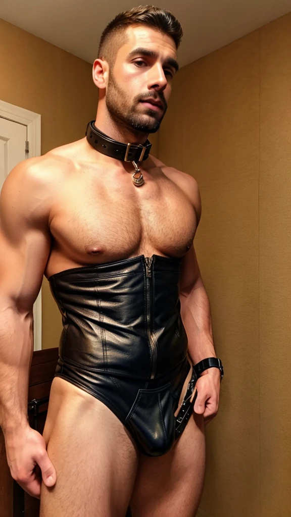 Tall handsome muscular man in bondage suit, dog collar in neck, tight leather brief, looking at the camera, sexy , short hairstyle,