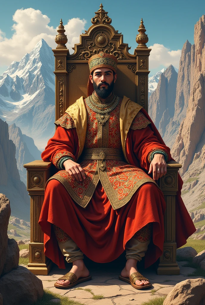 young Babur in traditional Central Asian attire, seated on a throne in the small kingdom of Ferghana, with a backdrop of rugged Central Asian landscapes.