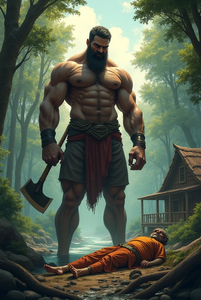 One man with 21 feet height and sixpackbody and good personality,standing in the middle of the forest holding a big axe on his hand ,besides the river and a wooden house observes a dead body of old bramhana pandit and feeling angry of people and sea that died person with angry face