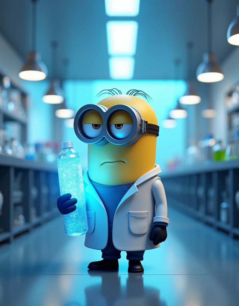 Minion Kevin the scientist standing in front of a clean lab bench, holding a glowing blue tube of medicine in his hand. The surrounding environment is modern laboratory equipment., with the blue light from the tube reflecting on Kevin&#39;s face, show determination to start a new plan.