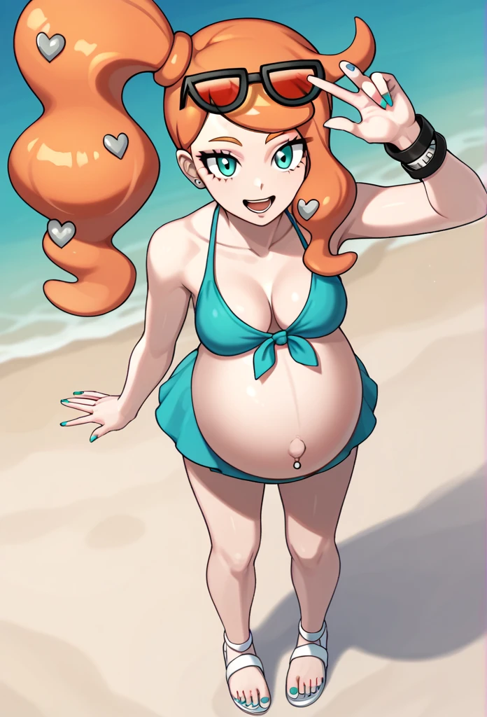 score_9, score_7_up BREAK solo,EPpkSonia,orange hair, side ponytail, aqua eyes, long hair, eyewear on head, sunglasses, heart hair ornament, bikini, dress, pregnant , big belly, Belly button piercing, cleavage, bracelet, collarbone, blue panties, nail polish, aqua nails, aqua toenails, beach, Posing, happy, white Sandals, belly rubbing