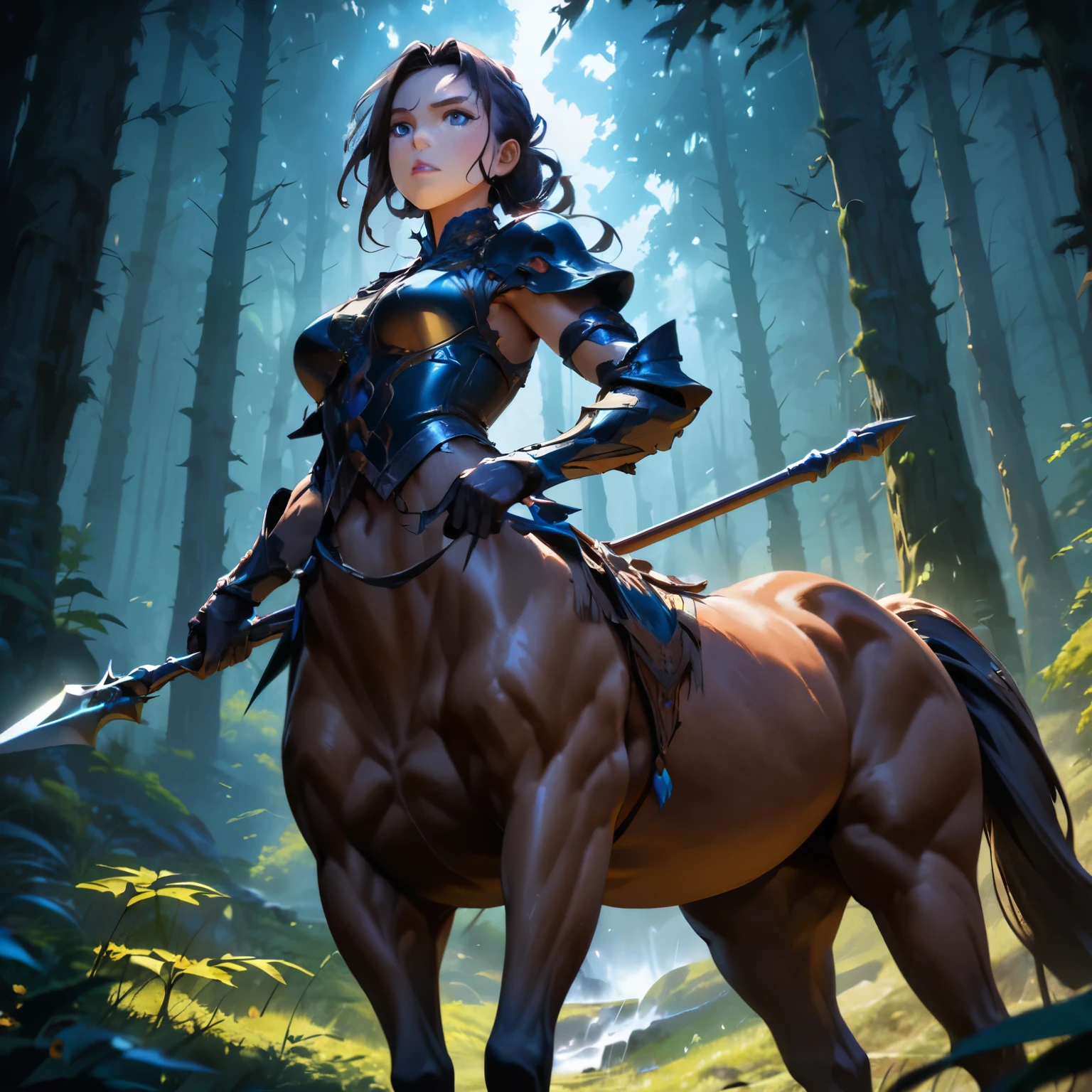 a centaur in a forest, looking into the distance, wary of the surroundings, dignified face, strong gaze, beautiful detailed eyes, beautiful detailed lips, extremely detailed face, horse, 1 centaur, (best quality,4k,8k,highres,masterpiece:1.2),ultra-detailed,(anime style),concept art, fantasy, dynamic pose, dramatic lighting, vivid colors, cinematic atmosphere,(have a spear)