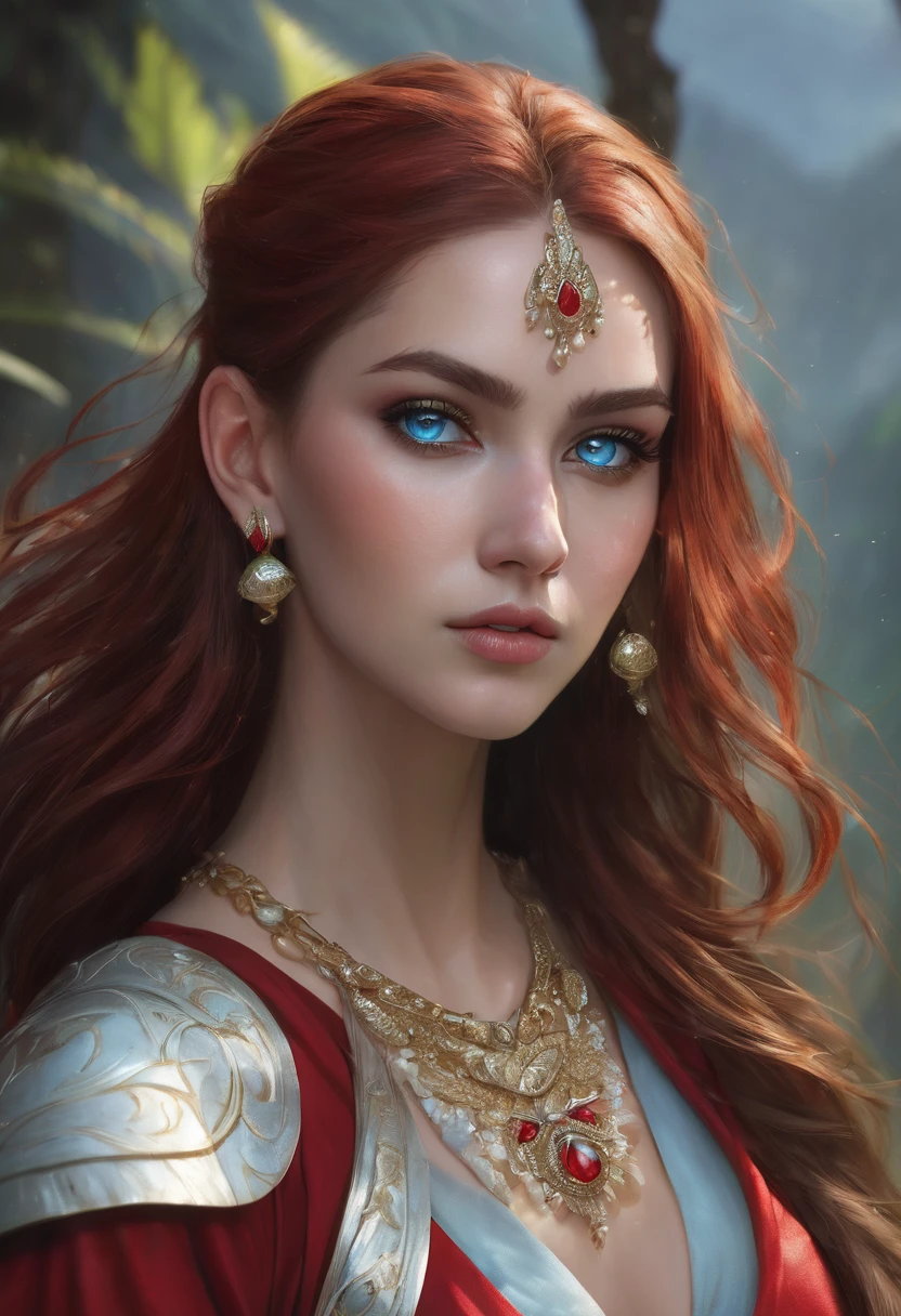 (masterpiece:1.3), (8k, photorealistic, raw photo, Best Quality: 1.4), (1 girl), beautiful face, Whole body, (realistic face), (Red hair, Long hair:1.3), beautiful hairstyle, realistic eyes, beautiful detailed eyes, (Realistic skin), beautiful skin, masterpiece, detailed face, detailed eyes, beautiful, of the highest quality, (elf woman, Dark, Madura))), (light blue aquamarine eyes), (((wearing a delicate red gemstone earring))), (Wearing a shiny moonstone necklace necklace), eyelash, ( usando arMadura sexy), whole lip, blushing lascivious face, [janet], [Alicia], "Beautiful adult face" , 30 years , mujer Madura , adult,(dark fantasy), absurdities, attractive, ultra high resolution, ultra realistic, Very detailed, golden ratio, (elder ring style), (carries a sword of light)