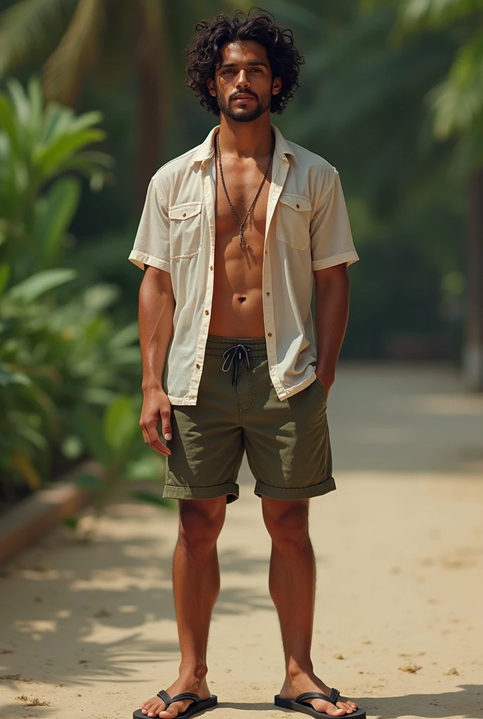 The face of an 1 Brazilian man with brown eyes and curly hair., shorts flip flops havaianas transparent shirt, thin waist wide hips beautiful and delicate Plump lips standard nose With a blurry face 