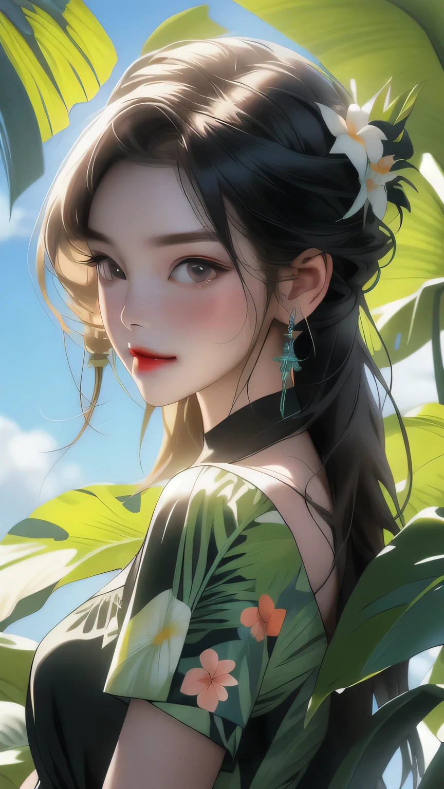 Ultra-realistic scenes, Parallel world, God-like tropical exotic plants, cult, Tropical flowers, Unusual art, Unique art, Summer blue sky background, sunlight, bright sunlight, Blender, Product Rendering, High quality 8K. 1girl, Cute 1 girl、White garter set、(Upper body portrait)