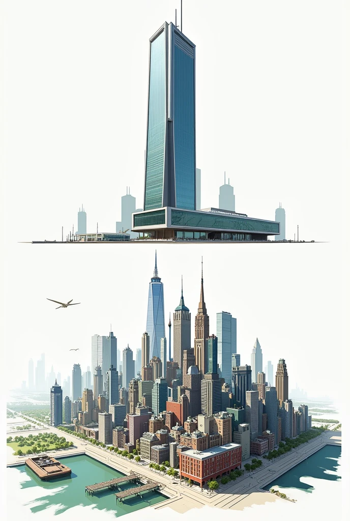 Draw one building standing alone, without surrounding structures and Illustrate an entire cityscape, showcasing the diversity and complexity of multiple buildings and structures together.