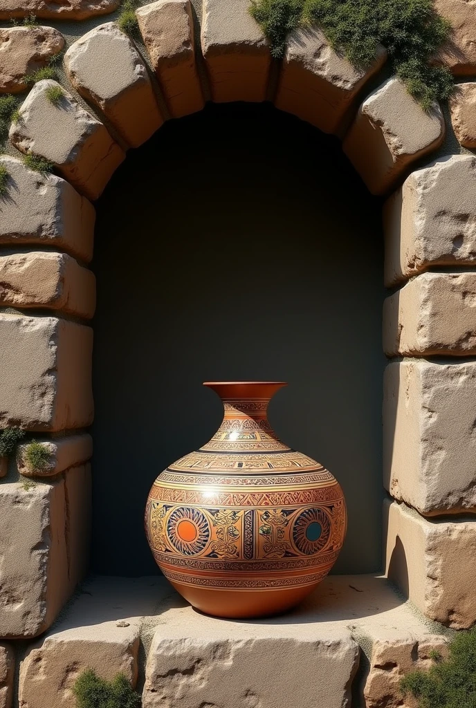 Create a niche in a rustic wall containing a painted Incan pot.