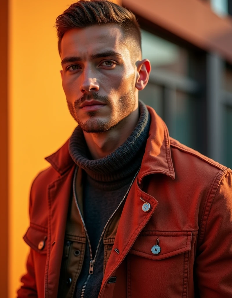 photo portrait of a Lanky 3 Swedish man with Medium complexion , crew cut hair, wearing a red-Beige Denim jacket, detailed clothes, textured clothes, outdoors, hdr, Studio quality, orange studio lighting, sharp focus, (diffuse light:1.3), (soft light:1.5), global illumination, orange atmosphere