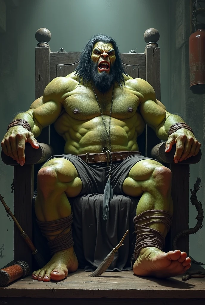 A black、Hairy orc tied to the tickle torture chair,Both feet are locked in the foot,Both feet, including the feet, were placed on the table.,His hands were tied tightly to the chair.,Being tickled by a person in a hoodie,His armpits were constantly rubbed by feathers.,His two big feet were brushed with two brushes.,At the same time, two dogs were licking his big feet.。There are also many feathers scratching between the toes。The abdomen was scratched by someone,And he laughed,Struggling hysterically,But can only endure the punishment of being tickled。