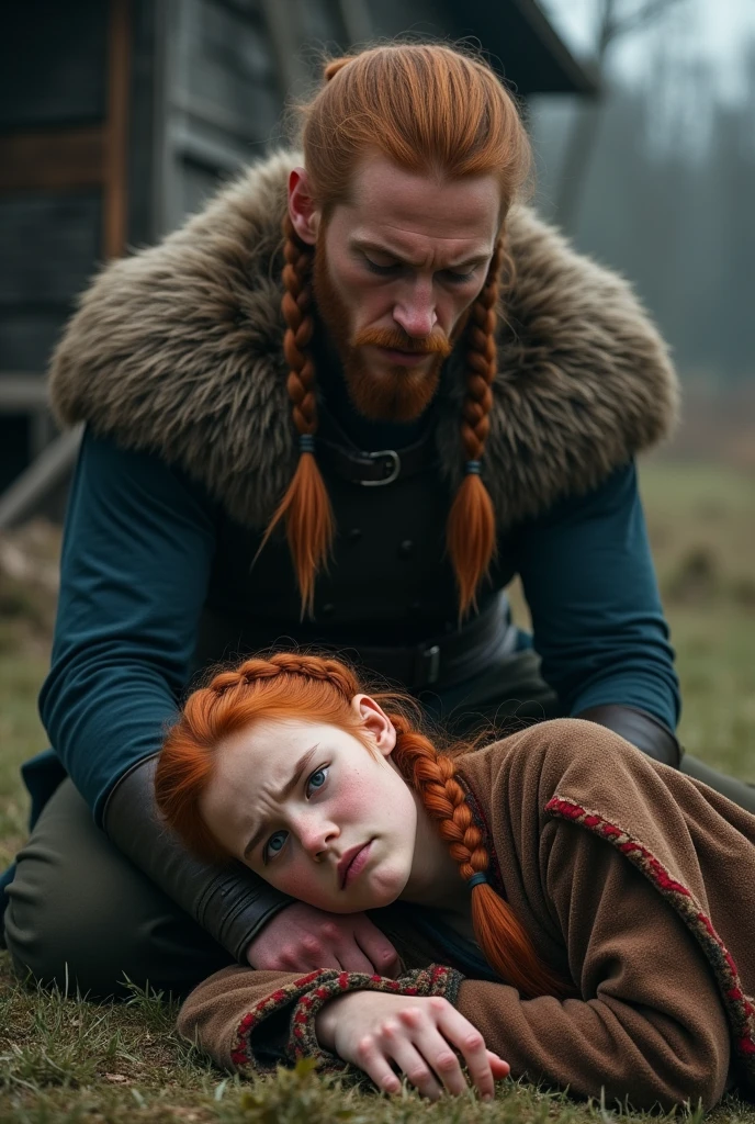 a 20 year old peasant girl, natural redhead with viking hairstyles, dressed in the style of Sansa Stark fallen bye, lying down, scared, standing is young ragnar lothbrok from the series, viking, brownish blonde hair, short beard. looking at her
