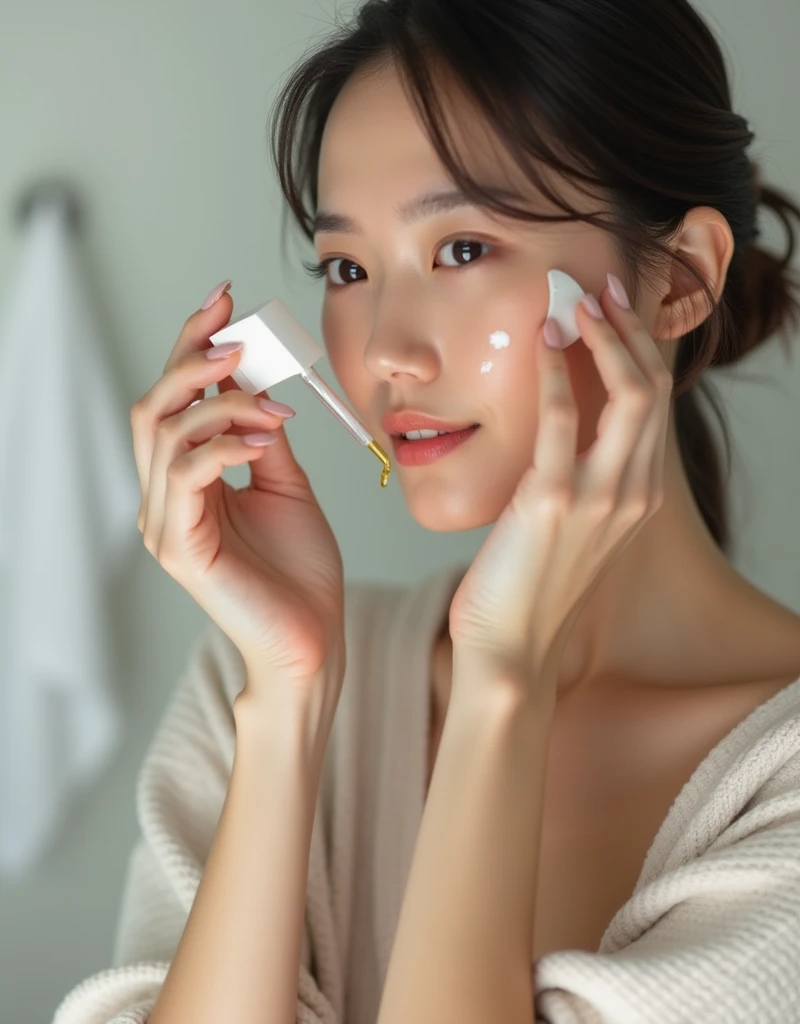 Woman applying drops to her face with a pharmacy dropper