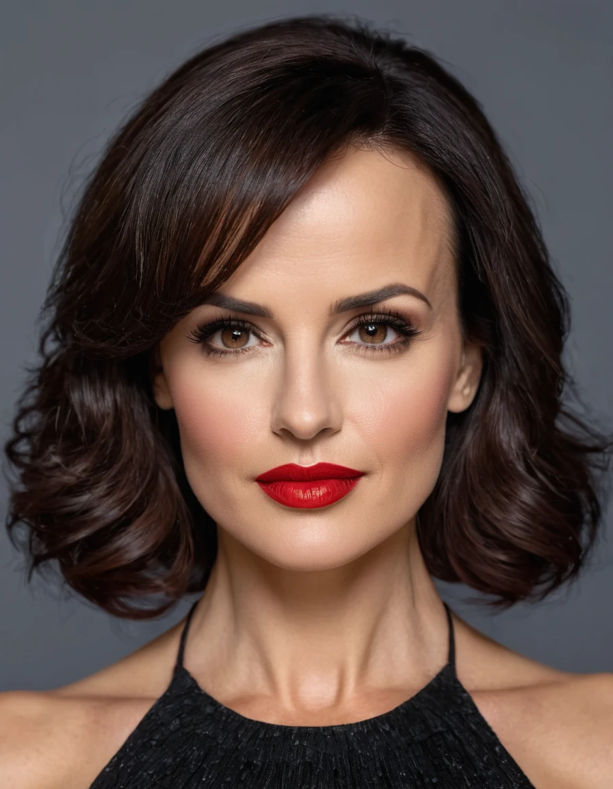 A waist-up portrait of a beautiful female whose facial features are a combination of Lisa Ann + Carla Gugino. The female has lovely makeup on her face. The female wears red lipstick. Symmetrical eyes. Symmetrical face. Lovely details. Photorealistic. Full-colored photo. Professional photo. Highly detailed 8K.