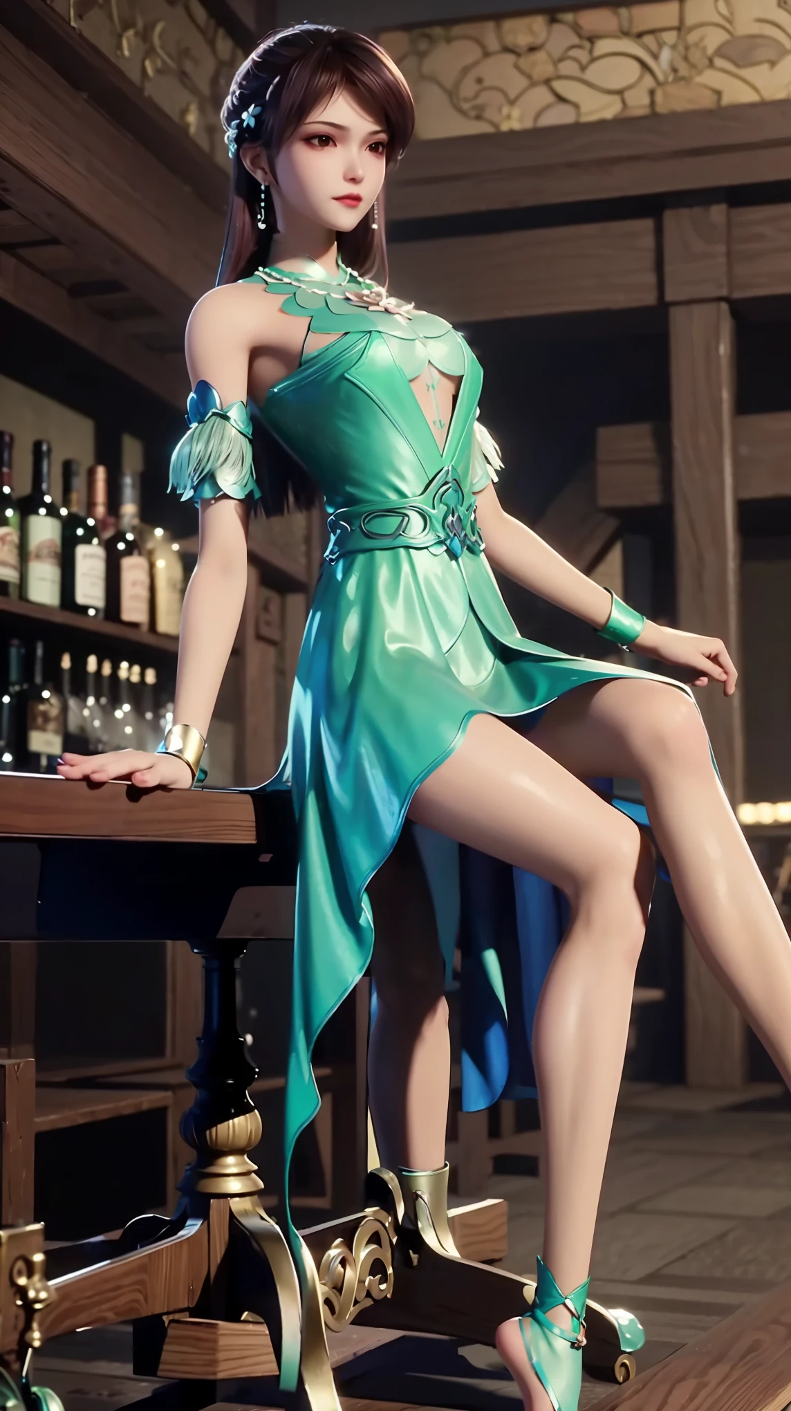 ((Shot in the knee)), ((From below)),A young girl, Wearing a skirt,At the bar, sit on the chair, Cross your legs, Posing elegantly, Detailed scenario, Messy long hair, Blush Blush, Beautiful slender legs, (Very high color saturation), details, Ultra Detailed, (masterpiece, Best quality), (Extremely exquisite and beautiful work), Delicate earrings, Exquisite necklace, Simple blur background, Extremely detailed description, Super Fine, Delicate face, slim body, Thin waist, (Anatomically correct),whole body,barefoot