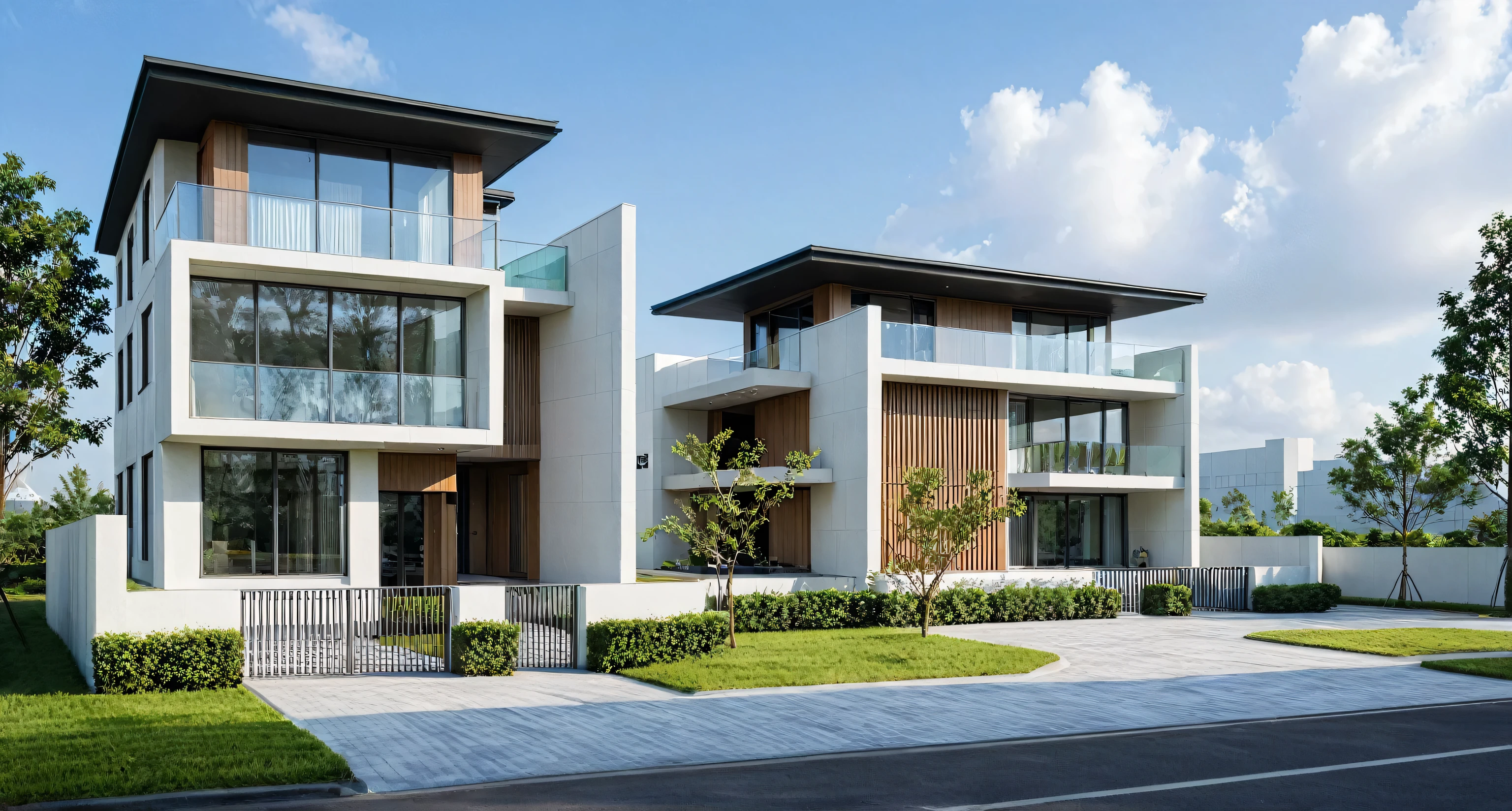 shangyejie, a residential villa, with a small podium at the ground floor and white color, in the Ho Chi Minh city in Viet Nam, designed in the style of modern architectural style. The villa have rectangular balconies on each side.side view,During the daytime, natural lighting, architectural photography, masterpiece, best quality, photorealism, ultra relistic, 