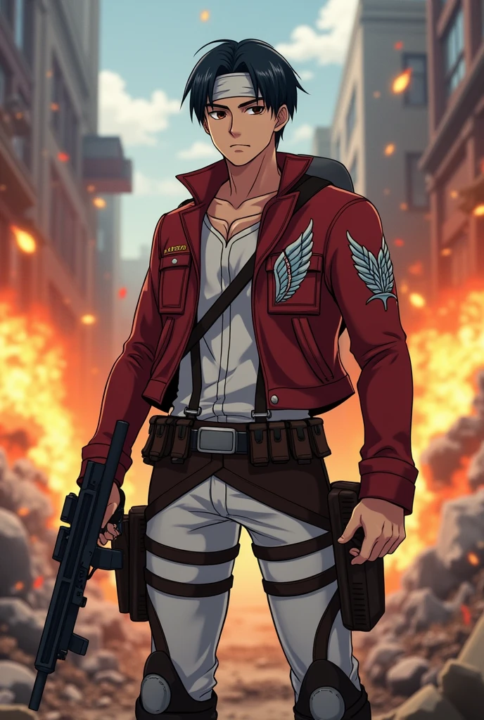 a slightly athletic Thai-Canadian man as Mikasa Ackerman. He wore a red jacket emblazoned with the iconic Wings of Freedom badge.. Under the jacket, white shirt peeking out, and the harness is part of the 3D maneuvering equipment system. In the midst of the explosion of fire, debris, and building ruins. dynamic standing firm holding a gun . neat short black hair. wearing a headband—a symbol of his unwavering loyalty. Wearing the Pra Regiment uniform