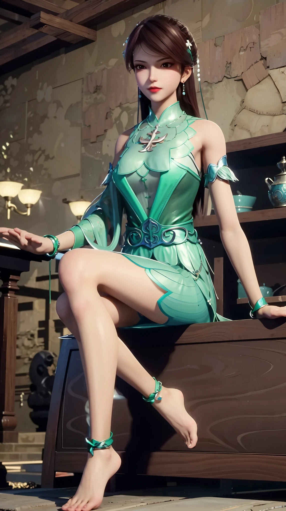 masterpiece, best quality, tthl, 1 Girl, , Solitary, Long hair:1.2, Large Breasts,, Hair accessories, skirt, Bare shoulders, Jewelry, Alternative clothing, bracelet, ear rings, 长skirt, 蕾丝skirt, bracelet, barefoot, 细barefoot, Charming smile,Cross your legs, Sitting in the bathtub, indoors, From below,camisole