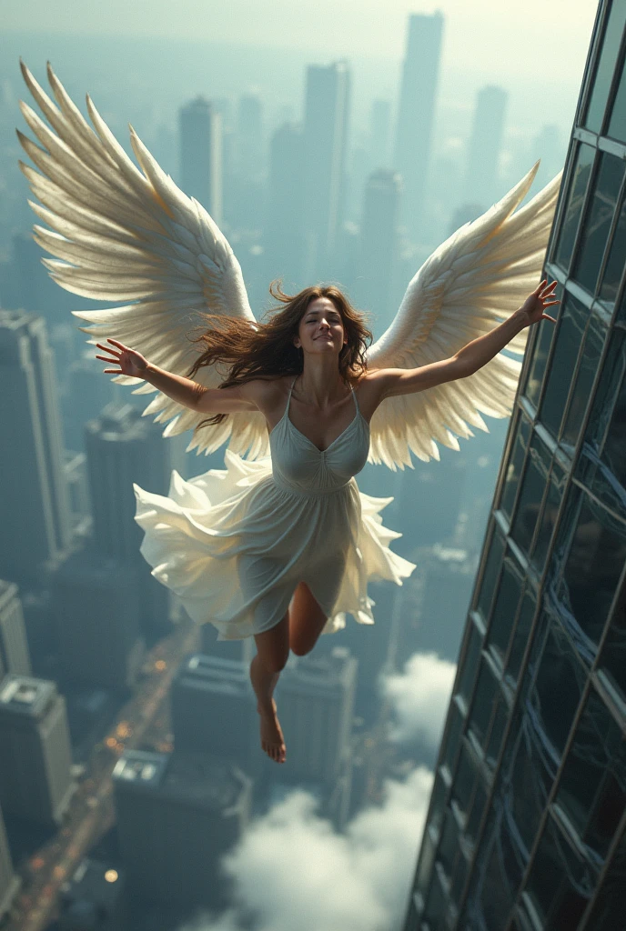 Young woman is falling down a skyscraper rooftop. Angel is following to catch her. Angel has silver wings.