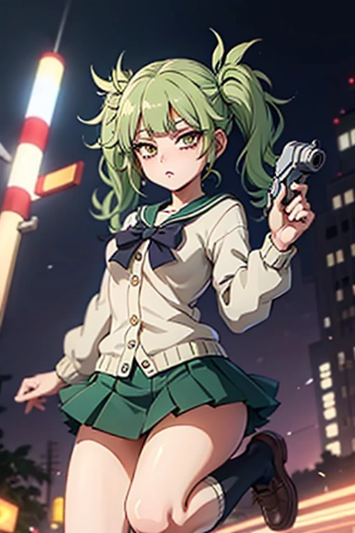 Highest quality、Ultra HD、One Woman、(Green hair twintails 1.3)、(Sailor suit 1.3)、(Black Loafers 1.1)、(Beige cardigan 1.1)、((Shooting a gun 1.2))、(White knee-high socks 1.2)、(Japanese Idol Face 1.2)、2 female、Slender body、(Night city background 1.2)、((Clear and beautiful touch))