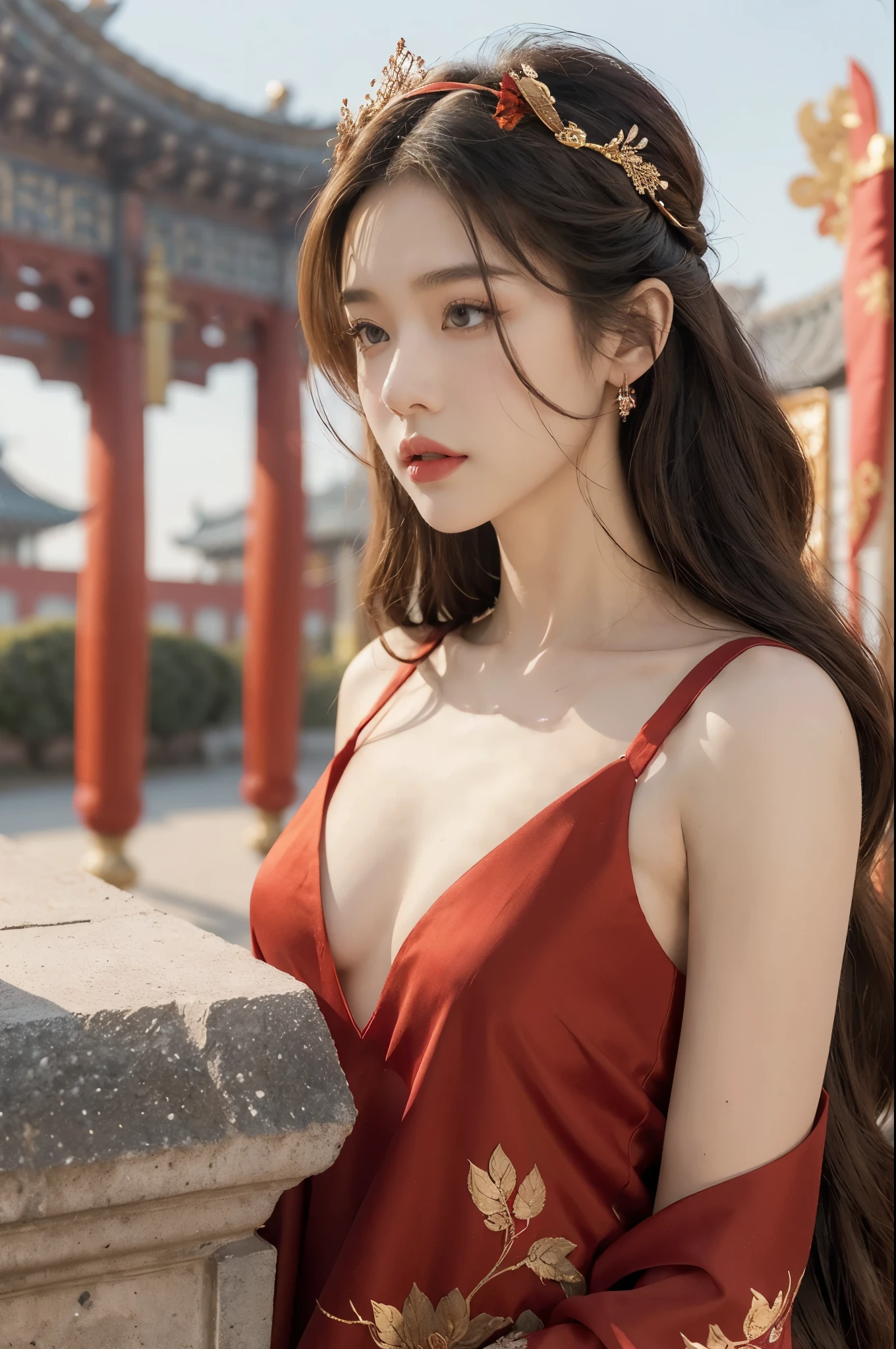 (((best quality))),(((ultra detailed))),(((masterpiece))),illustration,autumn, October, beautiful girl, outside, spacious square, immense Chinese palace-style castle, magnificent red gown, petite frame, youthful radiance, grace, smooth hair, loose waves, delicate features, red floral headband, vibrant colors, autumn leaves, fiery hues, lush greenery, blue sky, fluffy white clouds, idyllic setting, architectural marvel, intricate designs, ornate decorations, towering walls, rows of pillars, arches, flags, regality, contemplation, breathtaking backdrop, red gown, center of attention, captivating photograph, elegance, tranquility, wonders of nature